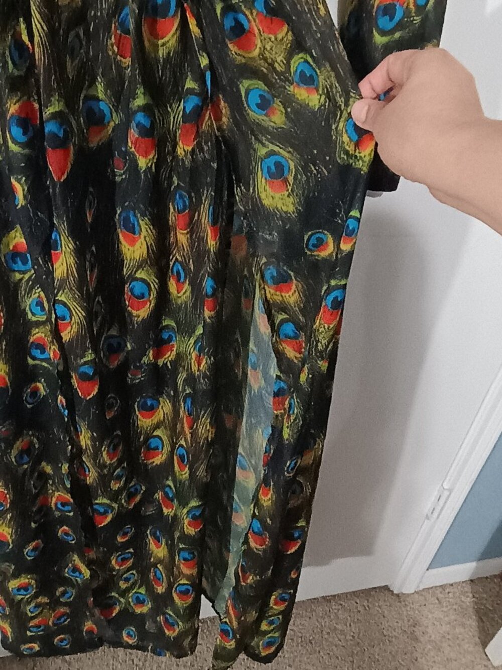 Miss Ord Peacock Feather Print Maxi Dress Deep V Boho Long Sleeve - Picture 14 of 15